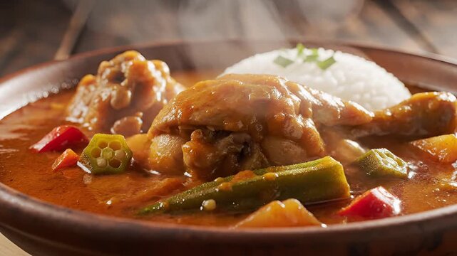 Hearty Chicken Gumbo with Rice and Okra.