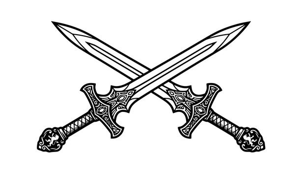 Crossed Fantasy Medieval Swords Hand Drawn Illustration Vector