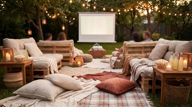 Cozy outdoor movie night setup with cushions and soft lighting