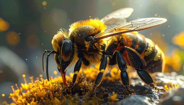 Close up of a bee collecting nectar on a yellow flower in sunlight