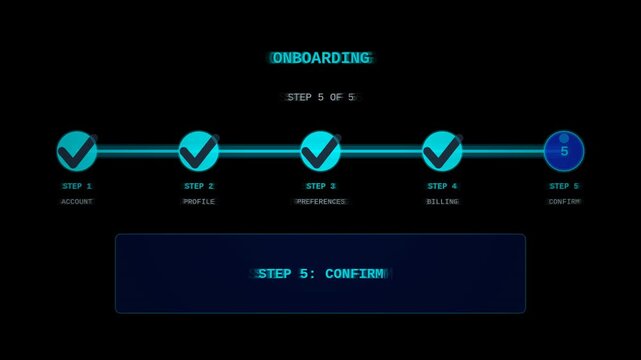 Stepper UI onboarding flow HUD animated seamless loop alpha overlay with glowing UX steps and cyan neon wizard interface