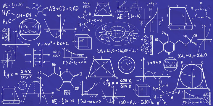 Mathematical and chemical formulas drawn in white on blue background.