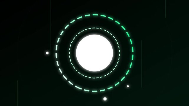 Abstract glowing green circle target design with white center and dots on a dark background