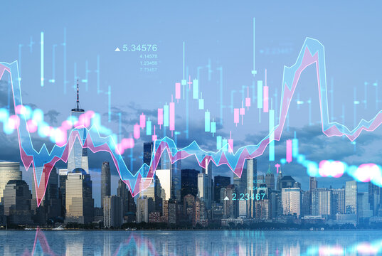 Financial graph over modern city skyline with market lines displayed.