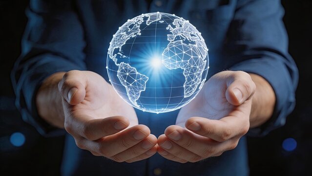 Hands holding glowing digital earth globe, global connectivity concept, world map wireframe, international business network, futuristic communication technology illustration.