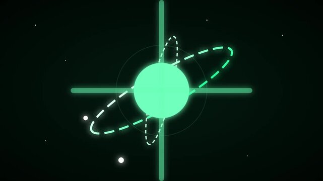 Abstract glowing atom symbol with orbiting rings on a dark background