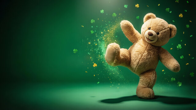 Ours en peluche joyeux dansant avec des tr&egrave;fles de la Saint-Patrick et des &eacute;tincelles magiques sur un fond vert