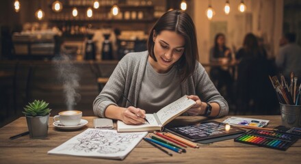 Fototapeta premium Young woman writing and drawing in a coffee shop