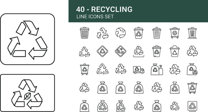 Eco recycling line icon collection featuring waste management, sustainability, reusable packaging and environmental conservation concepts