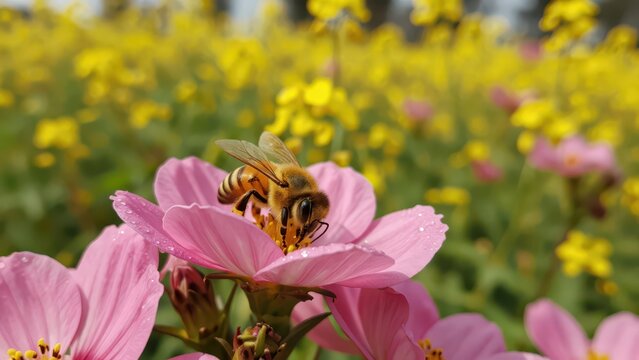 Bee Collecting Nectar From Pink Cosmos Flower in Meadow