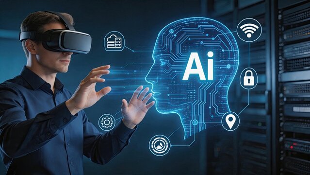 Man wearing VR headset touching AI brain interface, virtual reality technology concept, artificial intelligence neural network, machine learning connection, digital