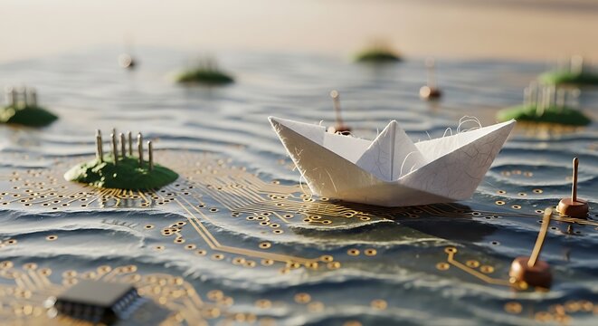 Paper boat sailing on a digital circuit board ocean representing data
