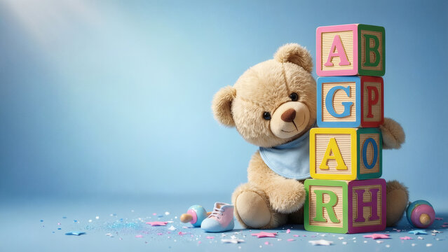 Adorable ours en peluche assis avec des blocs alphabet color&eacute;s et des accessoires pour b&eacute;b&eacute; sur un fond bleu
