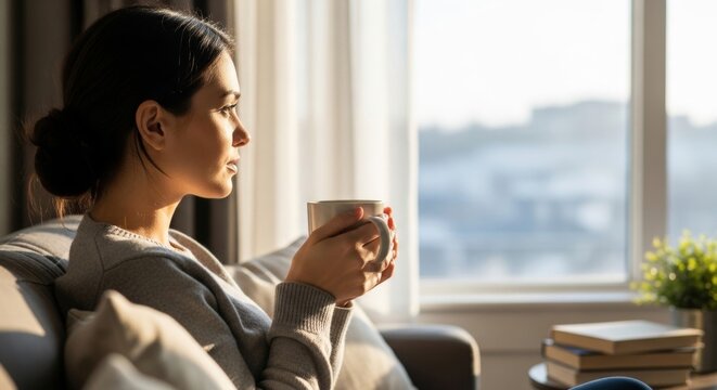 Woman holding coffee cup looking out window in morning light