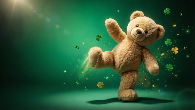 Ours en peluche adorable dansant et c&eacute;l&eacute;brant la Saint-Patrick avec des tr&egrave;fles flottants et des &eacute;tincelles dor&eacute;es sur un fond vert