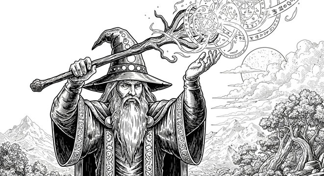 Fantasy engraving of a bearded wizard with magic staff.