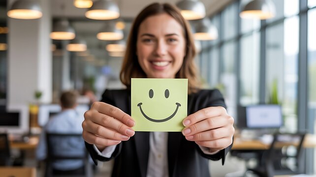 Happy businesswoman holding smiley note in modern office representing customer satisfaction and positive workplace culture