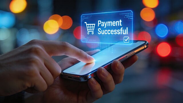 Close up of hand holding smartphone with payment successful notification hologram, secure mobile banking transaction and online shopping checkout concept at night city background
