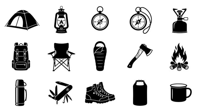 Camping gear set with backpack, tent, lantern, compass, and more essential items featuring sleeping bag, axe, fire with hiking boots and thermos