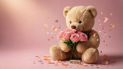 Obraz premium Adorable ours en peluche tenant un bouquet de roses roses pour la fête des mères