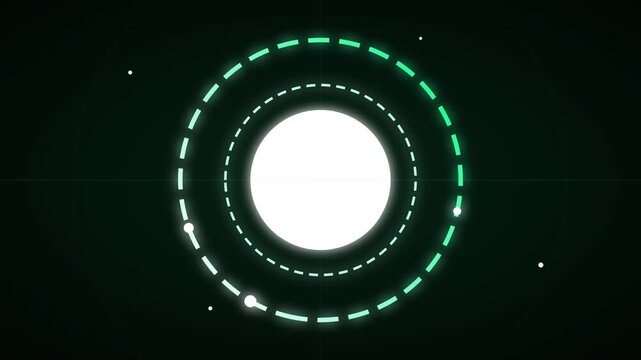 Abstract glowing circle futuristic interface design with bright center and orbiting dots on dark