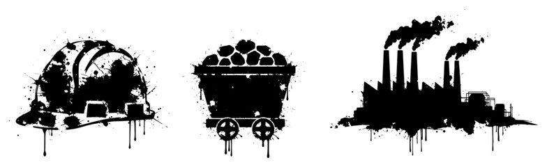 Industrial factory and mining equipment icons with hard hat and cart in grunge style © Wuszu