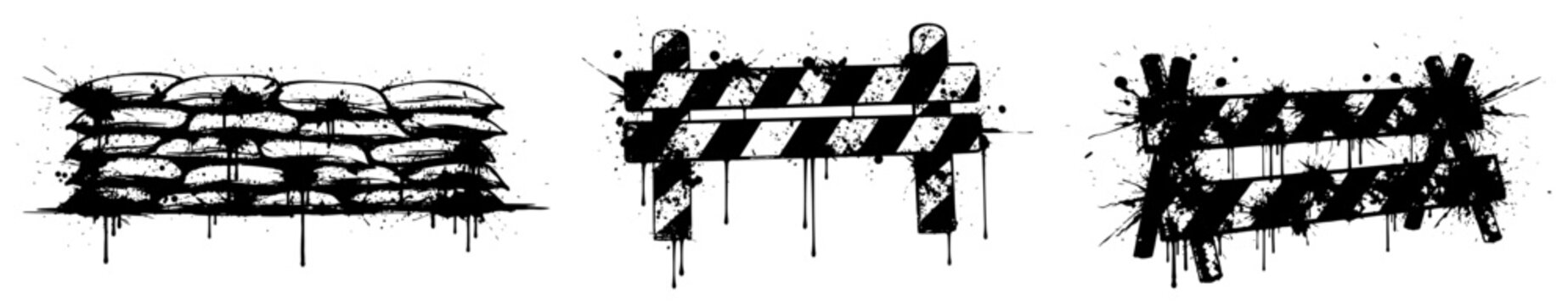 Sandbag fortification and road barriers with ink splatters in grunge stencil style