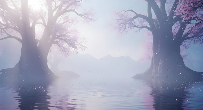 Dreamy and ethereal landscape of pink cherry blossom trees reflecting on a calm lake, covered in thick morning fog with bright sunlight breaking through the mist