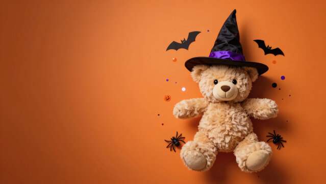 Adorable ours en peluche portant un chapeau de sorci&egrave;re sur un fond orange avec des d&eacute;corations d&rsquo;Halloween comme des chauves-souris, des araign&eacute;es et des confettis
