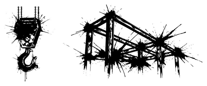 Construction scaffolding and heavy crane hook industrial structures in grungy ink style