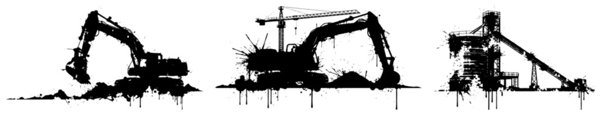 Heavy construction machinery and excavator silhouettes in grunge ink splatter style © Wuszu