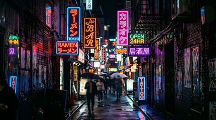 Obraz premium Moody nighttime view of a narrow alley in Tokyo illuminated by vibrant neon signs for ramen shops and bars, with blurred pedestrians walking under umbrellas on the wet street