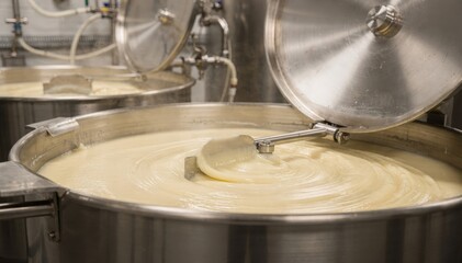 Obraz premium Medium shot of cosmetic grade petroleum jelly blending kettles stirring smooth waxes and oils to create silky ointment for skincare formulations.