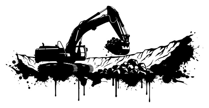 Excavator digging soil at construction site in messy ink splatter style