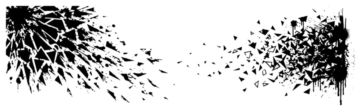 Shattered glass fragments and exploding geometric shapes in abstract ink style