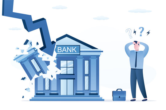 large downward arrow breaks bank building, economic collapse, while stressed businessman holds his head in panic. Financial crisis, bankruptcy. Poor risk management.