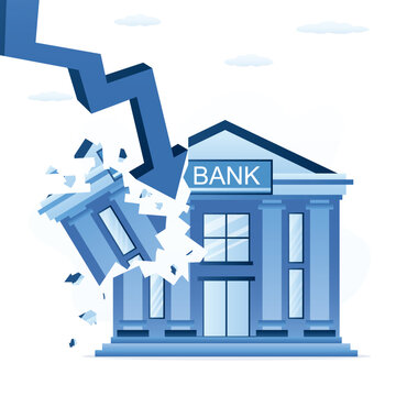 Downward arrow breaks classic bank building, visually symbolizing economic collapse, financial crisis and bankruptcy. Poor risk and money management. Concept of market crash