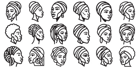 Fototapeta premium Set of diverse women's faces with headwraps in profile view.