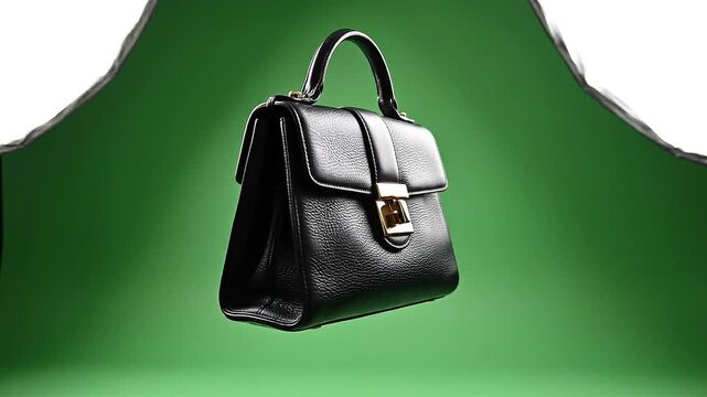 Elegant black leather handbag rotates slowly in this cinematic 4k video motion product showcase clip