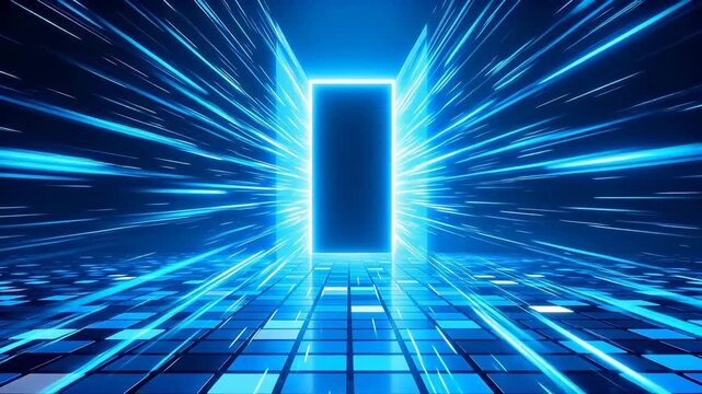 A futuristic digital corridor with glowing blue light beams and a reflective tiled floor, creating an immersive high-tech atmosphere.