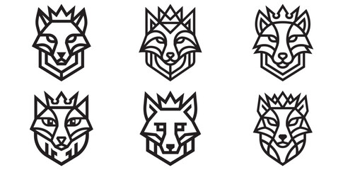 Fototapeta premium Set of stylized regal fox heads with geometric patterns and crowns.