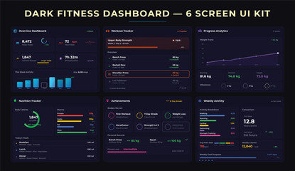 Fototapeta premium Dark Fitness Dashboard UI Kit — 6 Screen Vector Set for Health & Wellness Apps