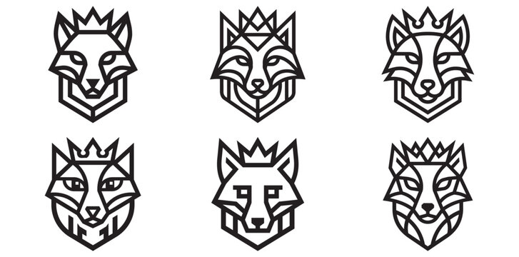 Set of stylized regal fox heads with geometric patterns and crowns.