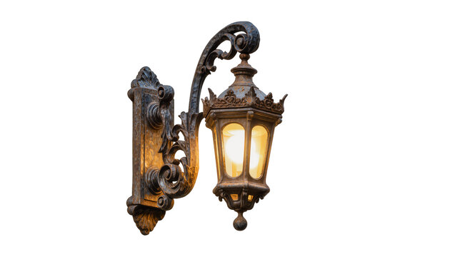 Ornate antique wrought iron wall lantern with glowing bulb, isolated on transparent background