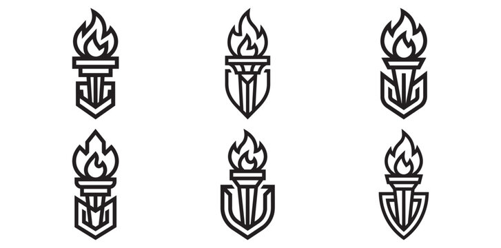 Torch emblem crest with flame, shield and stylized symbols, icon set.