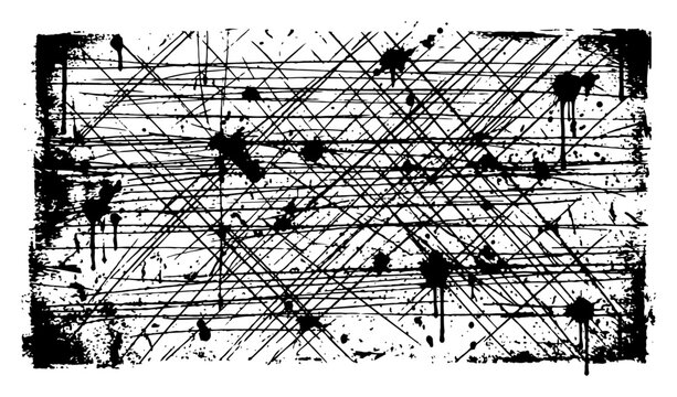 Crosshatch scratch texture background with ink splatters and distressed borders