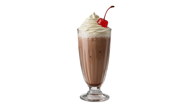 Tall glass of chocolate milkshake with whipped cream and cherry, isolated on transparent background
