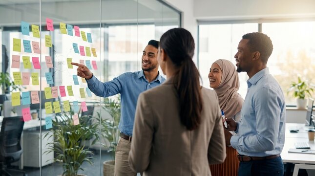 Diverse group of young business professionals brainstorming and collaborating with sticky notes on a glass wall in a modern office.
