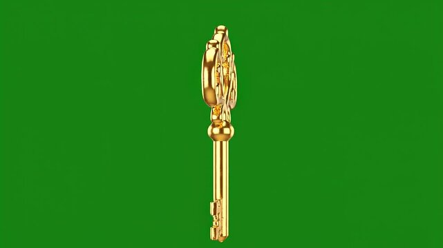 Ornate golden key covered in flowing liquid gold melting downwards in a cinematic 4k video clip