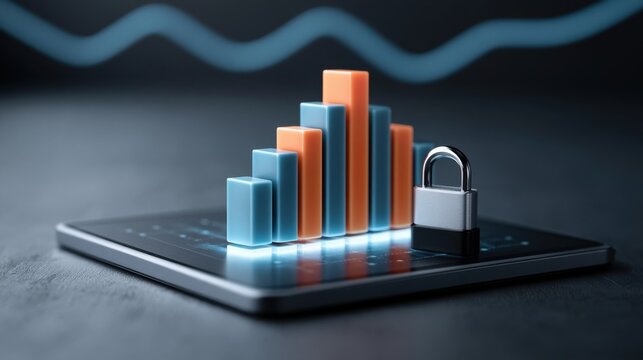 3D digital bar chart with glowing blue and orange columns on tablet screen secured by closed metal padlock on dark background for data protection concept